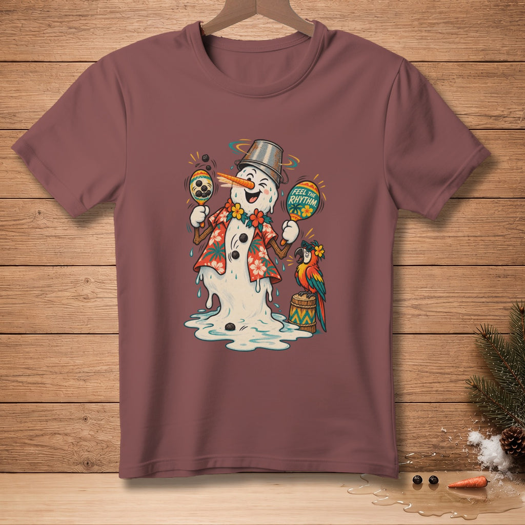 Snowman with maracas and parrot, "Feel the Rhythm" text.