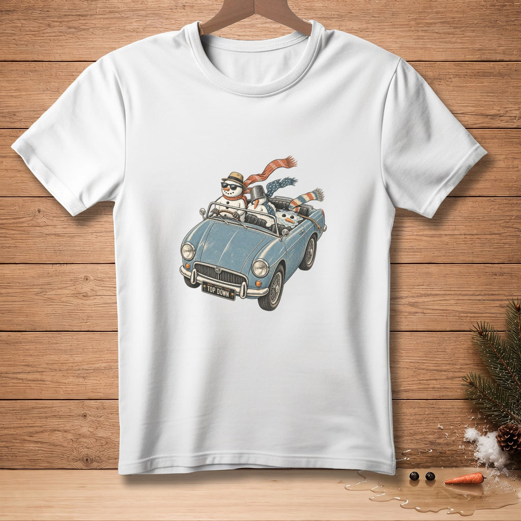 T-shirt with graphic of snowmen driving in a blue convertible with "TOP DOWN" license plate.