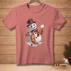 Melting snowman in top hat roasting marshmallow with blowtorch labeled "More Heat".