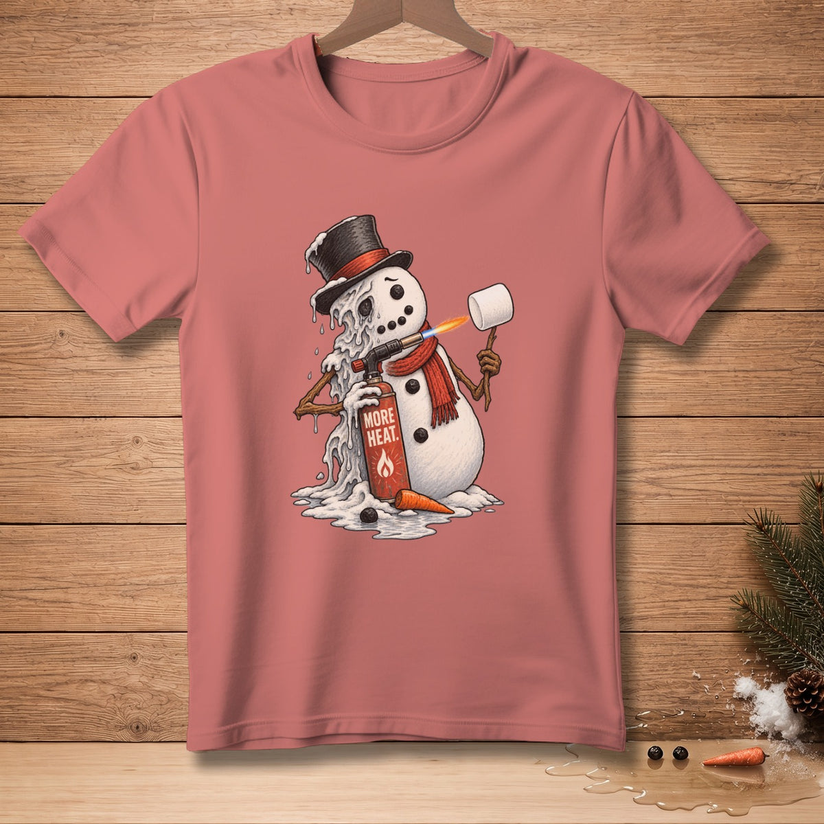 Melting snowman in top hat roasting marshmallow with blowtorch labeled "More Heat".