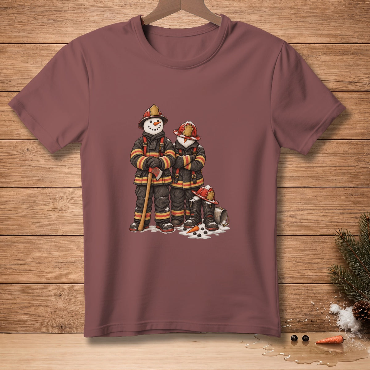 Two snowmen dressed as firefighters, one holding an axe.