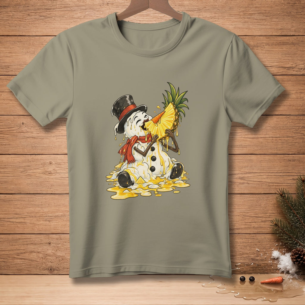 Melting snowman wearing a hat and scarf eats a pineapple slice.