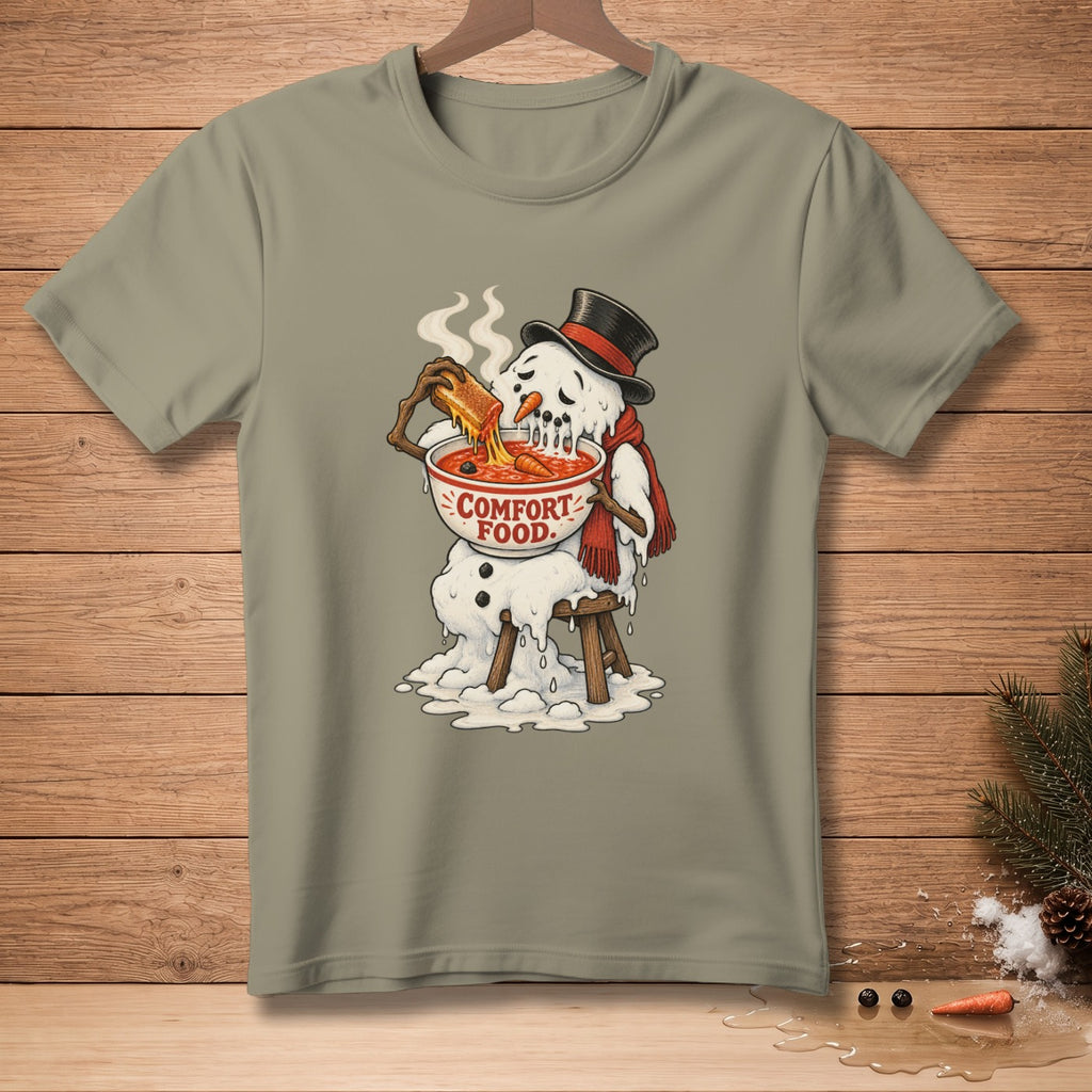 Melting snowman wearing a hat and scarf eats soup with text "COMFORT FOOD."