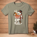 Melting snowman wearing a hat and scarf eats soup with text "COMFORT FOOD."