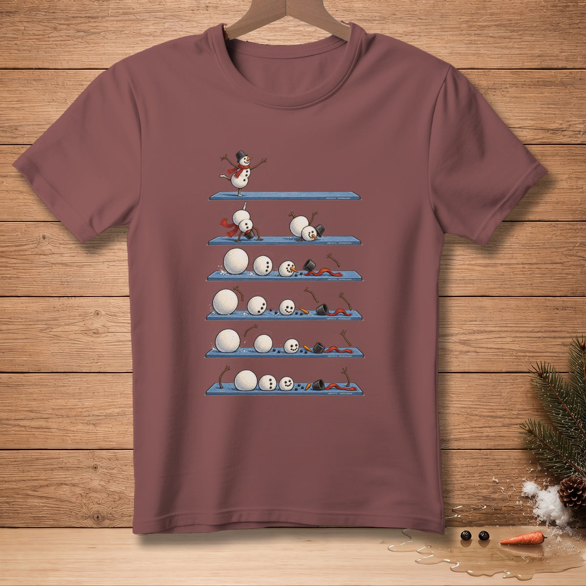 Snowmen in various stages of assembly and falling from shelves.