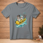Snowmen riding a banana boat with text "ONE MORE TIME" through splashing water.