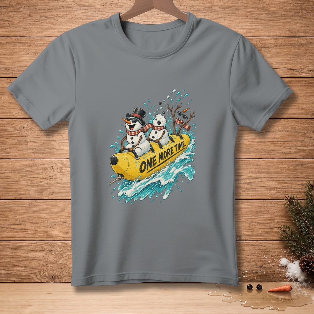 Snowmen riding a banana boat with text "ONE MORE TIME" through splashing water.