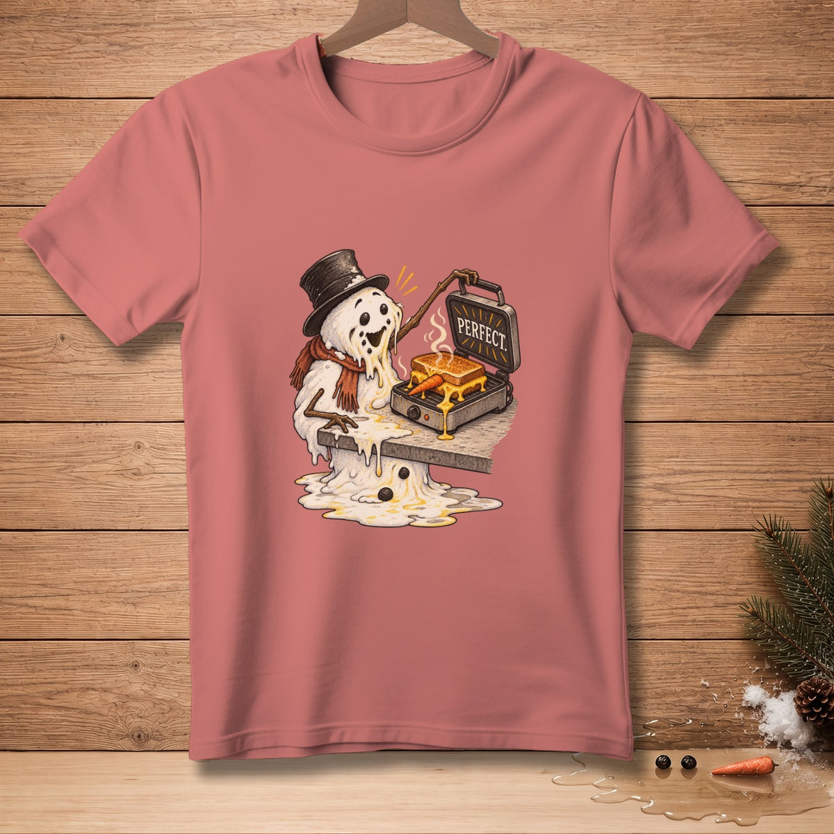 Melting snowman in top hat making grilled cheese with a waffle maker that says PERFECT.