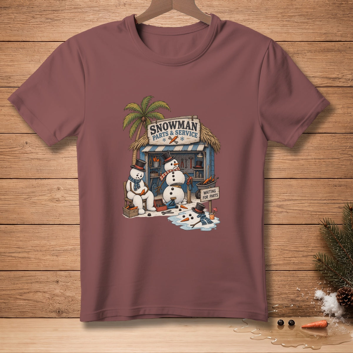 Snowman parts and service shop with snowmen, carrots, tools, and melting puddles.