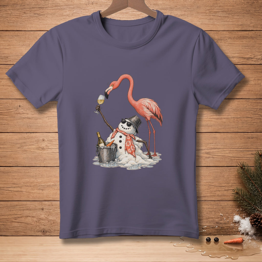 Flamingo drinking with a melting snowman with a bottle of wine.