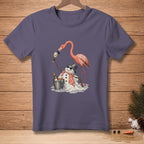 Flamingo drinking with a melting snowman with a bottle of wine.