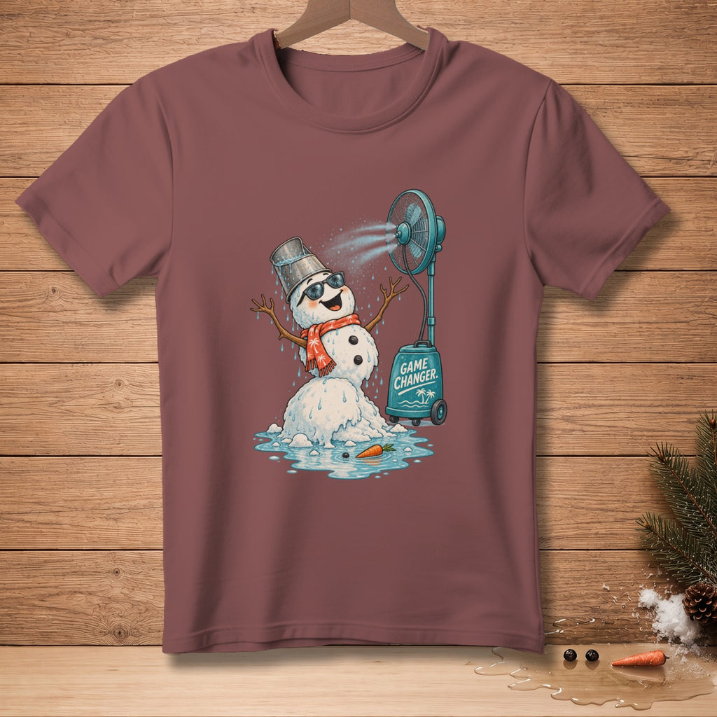 Melting snowman with fan sprays water, on maroon t-shirt, text says "GAME CHANGER."