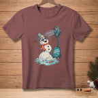 Melting snowman with fan sprays water, on maroon t-shirt, text says "GAME CHANGER."