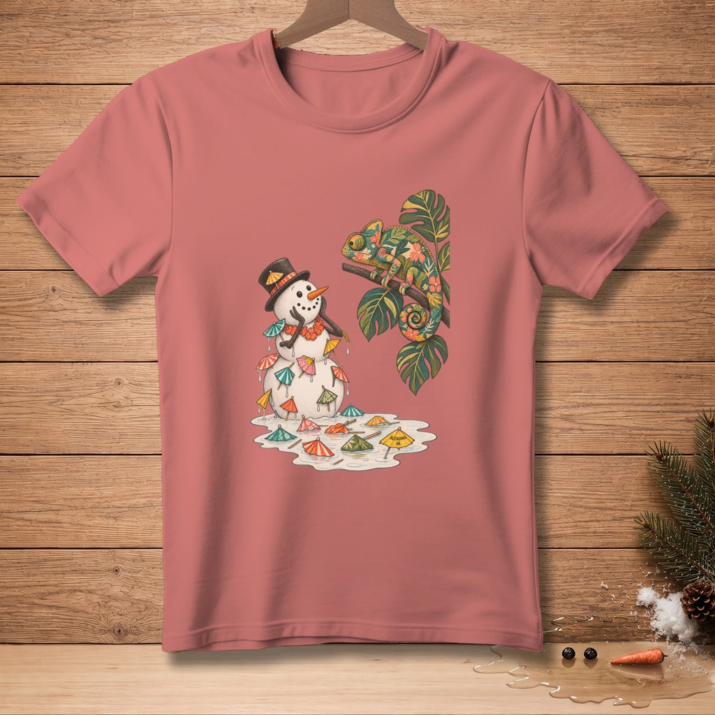 Snowman in melting puddle with colorful umbrellas and a chameleon on a branch.