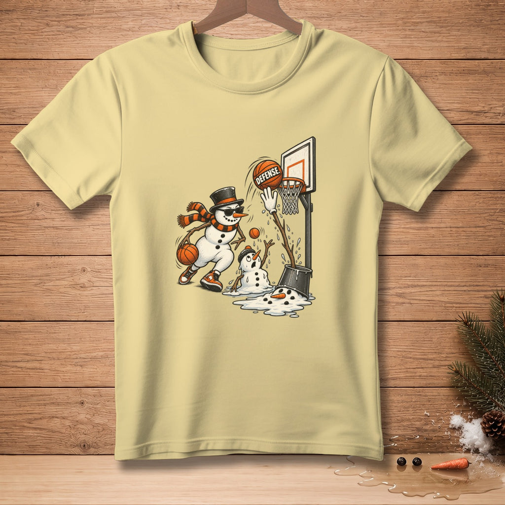 Snowmen playing basketball, one dribbling and one defending, with text "DEFENSE".