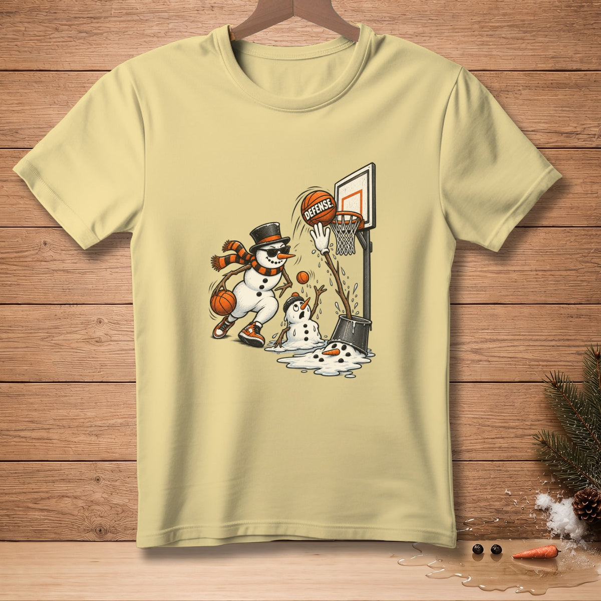 Snowmen playing basketball, one dribbling and one defending, with text "DEFENSE".