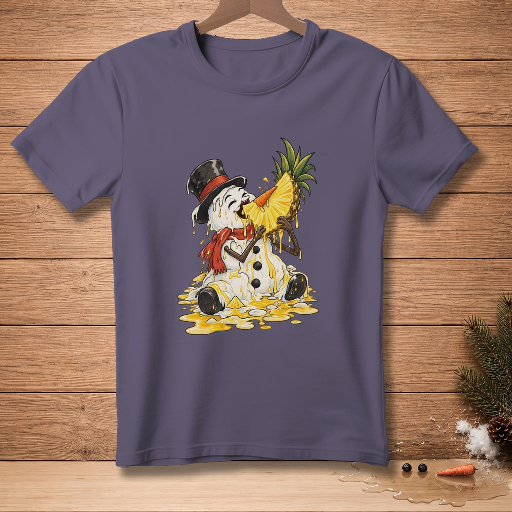 Melting snowman wearing a top hat and scarf, eating a pineapple slice.