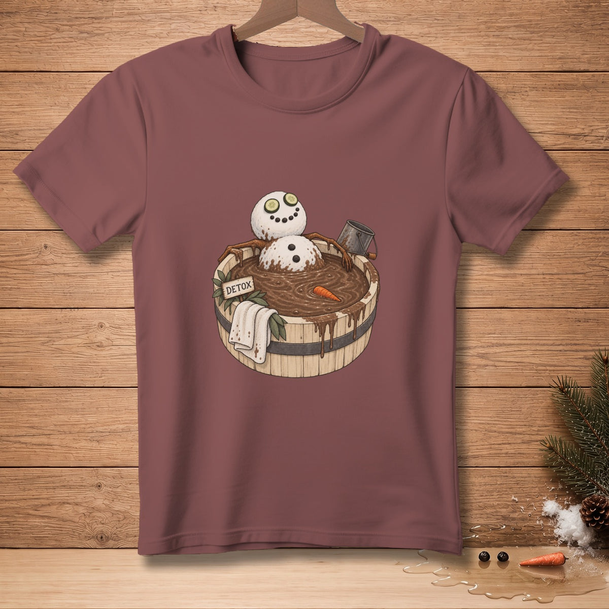 Snowman relaxing in a wooden tub with carrots, towel, and "DETOX" sign.
