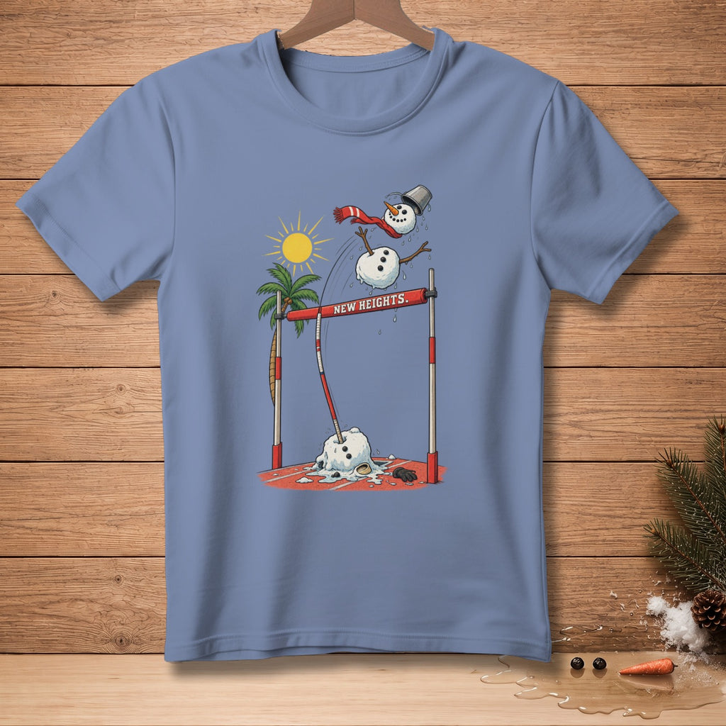 Cartoon snowman melting while jumping over a hurdle with "New Heights" text.