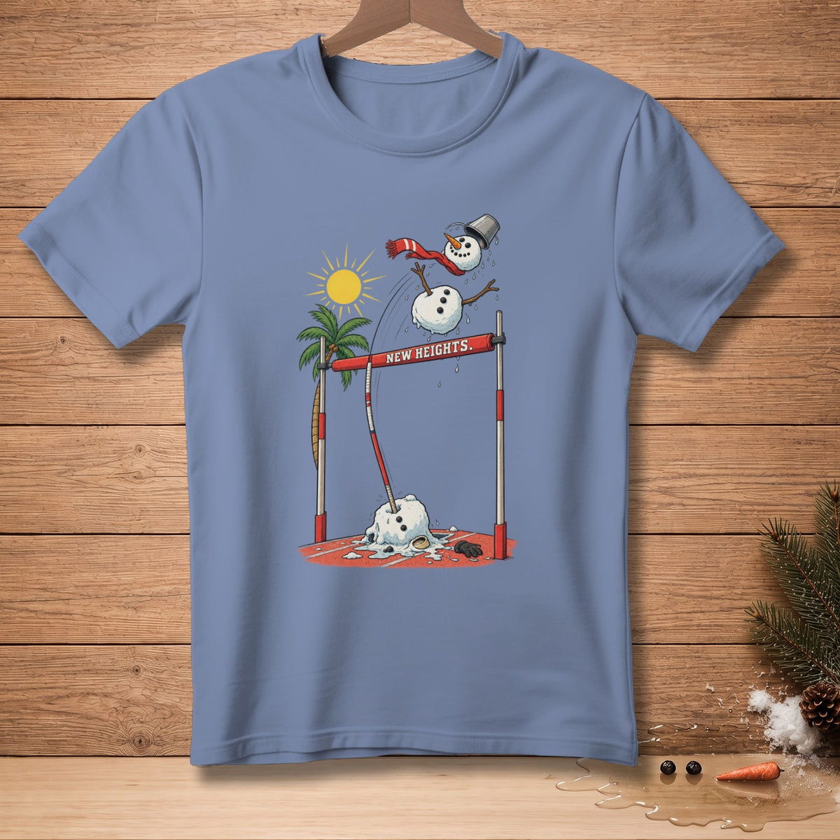 Cartoon snowman melting while jumping over a hurdle with "New Heights" text.