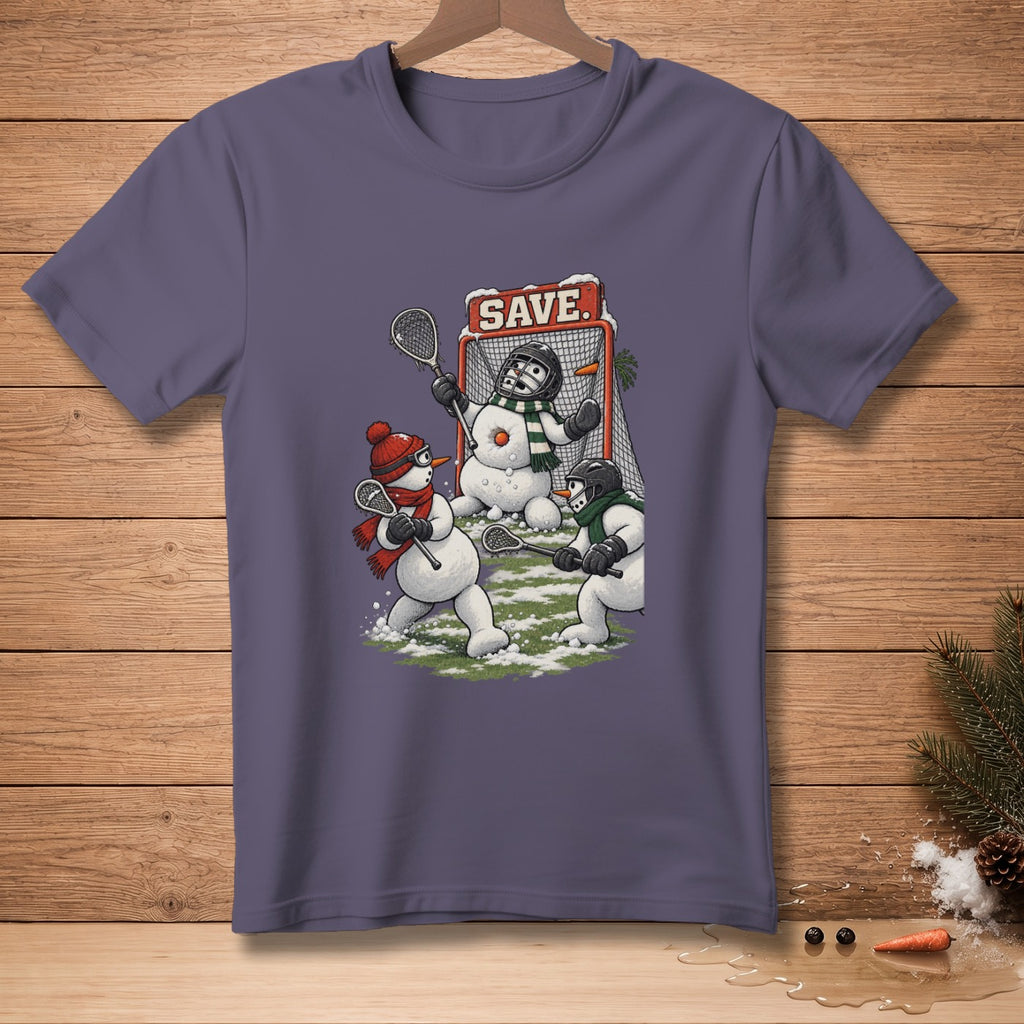 Snowmen playing lacrosse in front of a net with "SAVE." text.
