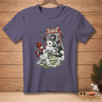Snowmen playing lacrosse in front of a net with "SAVE." text.
