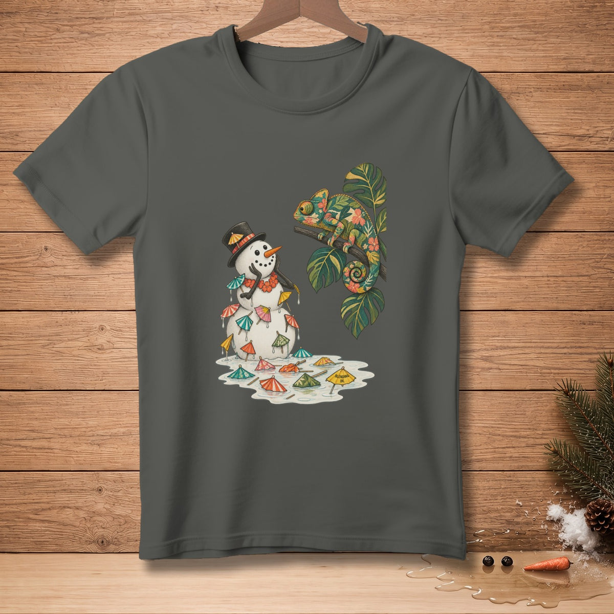 Snowman melting with cocktail umbrellas, chameleon on branch with tropical leaves.