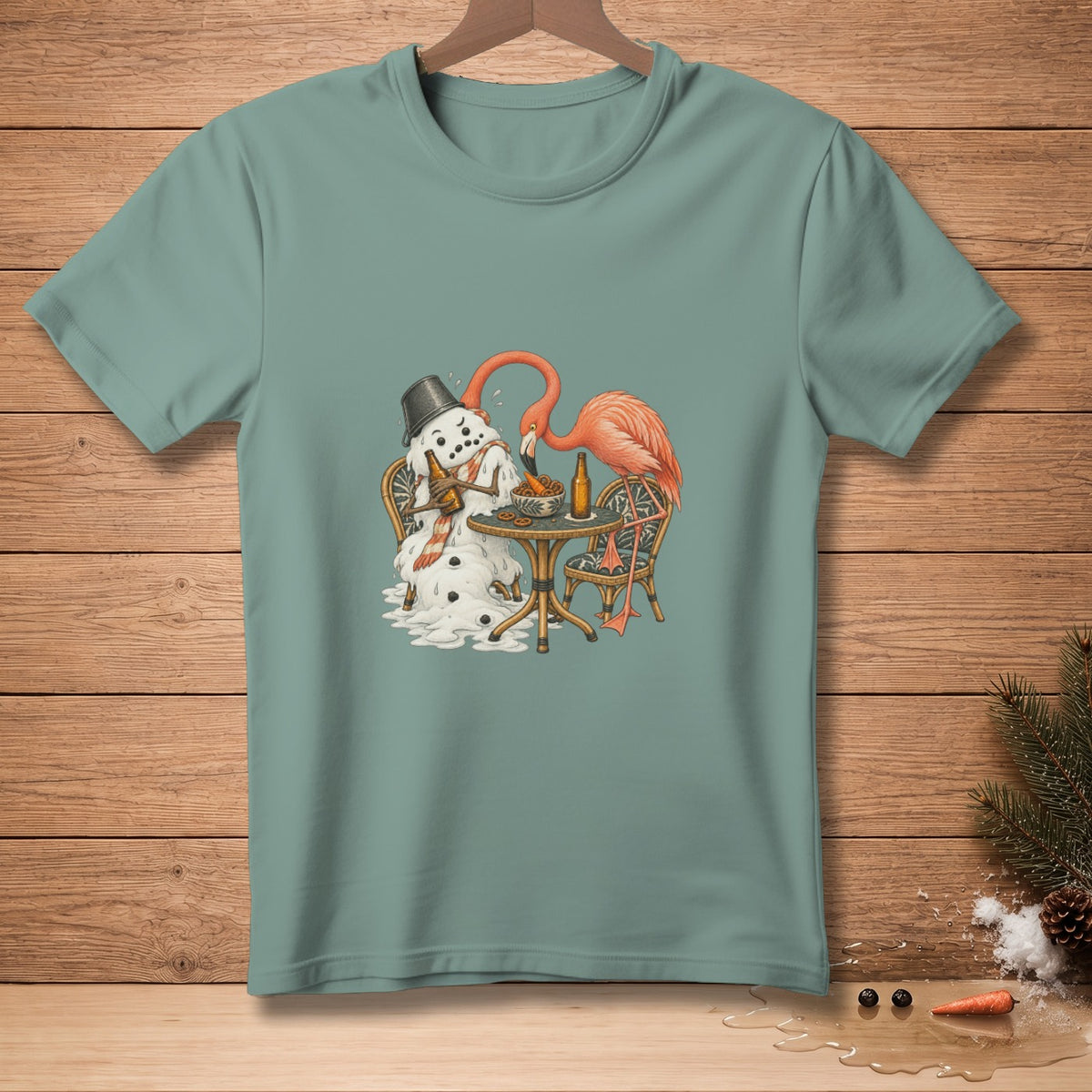 Melting snowman and flamingo sit at a table with drinks and snacks.