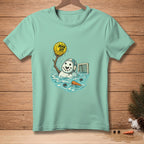 Snowman playing water polo, holding a ball with "Man Up" text.