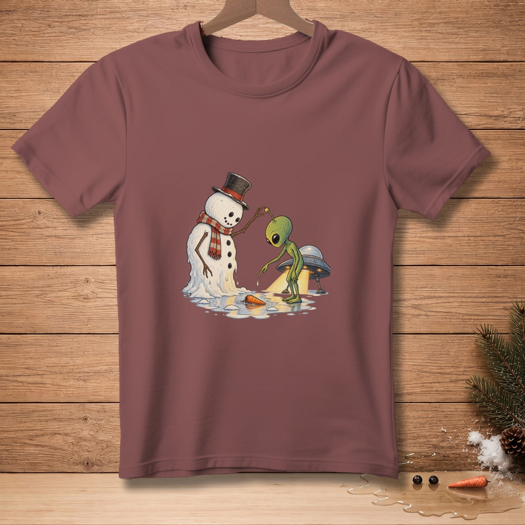 Melting snowman in a top hat and scarf interacts with an alien and a UFO.