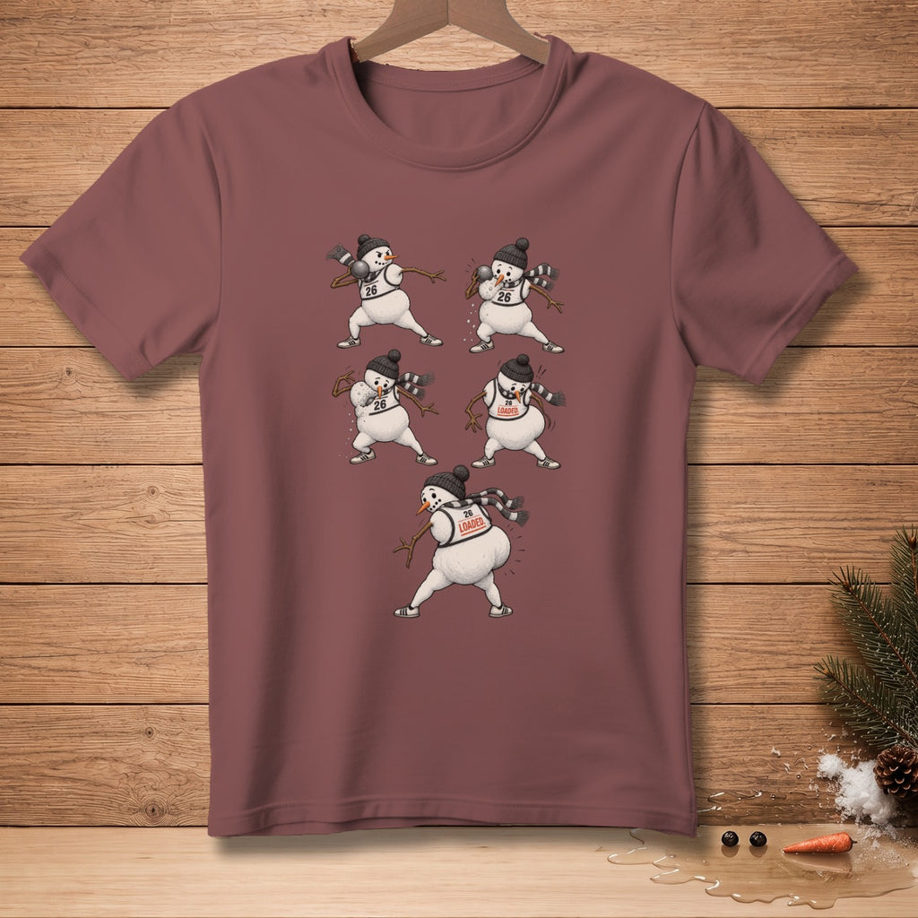 Six snowmen in athletic poses on a maroon t-shirt with a wooden background.