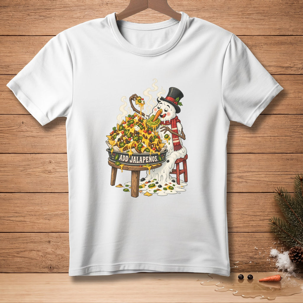 Snowman eating a large pile of nachos with "Add Jalapenos" text.