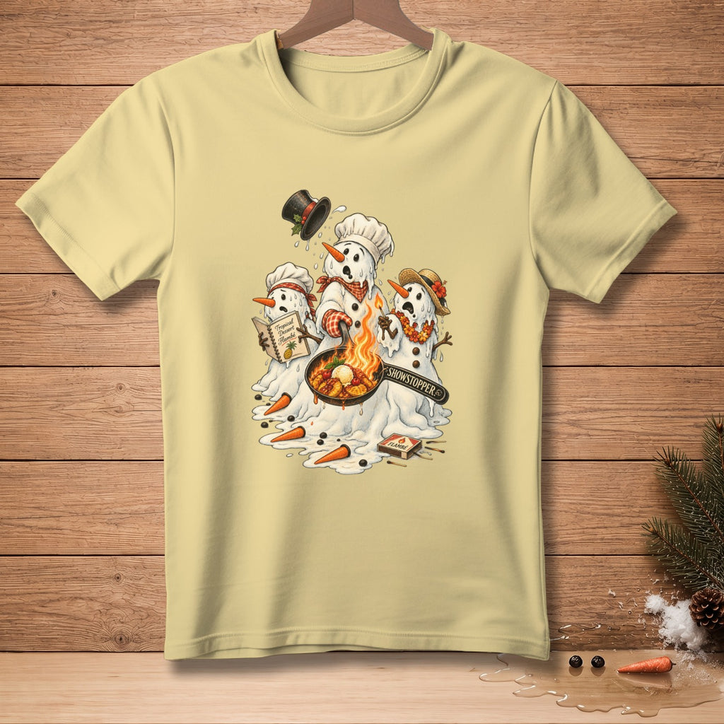 Snowmen cooking flambe on a shirt, with "Showstopper" text.
