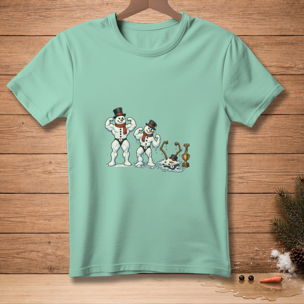 Two muscular snowmen, one melting, with a trophy on a light blue t-shirt.