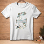 White t-shirt with snowmen playing volleyball, with text "SET MELT SPIKE".