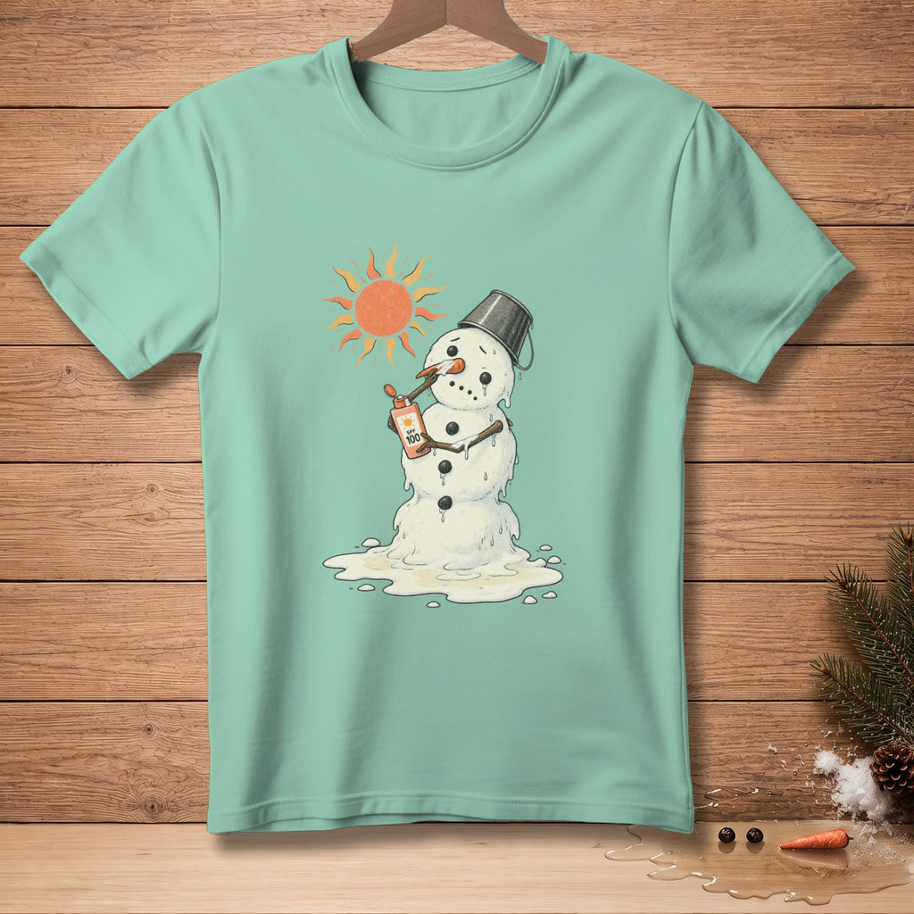 Mint green t-shirt with melting snowman applying SPF 100 sunscreen under a hot sun.