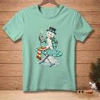 Snowman ironing with a hot iron and a carrot nose, text "LOOKING SHARP."