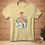 Illustration of melting snowmen and flamingo taking photos at a beach.