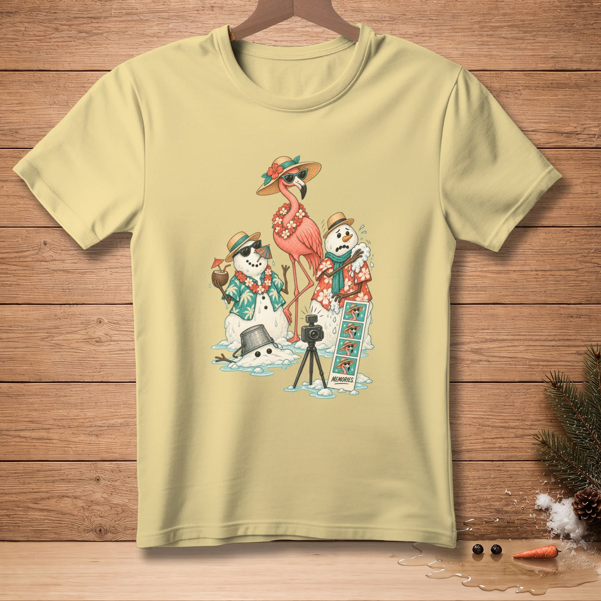 Illustration of melting snowmen and flamingo taking photos at a beach.