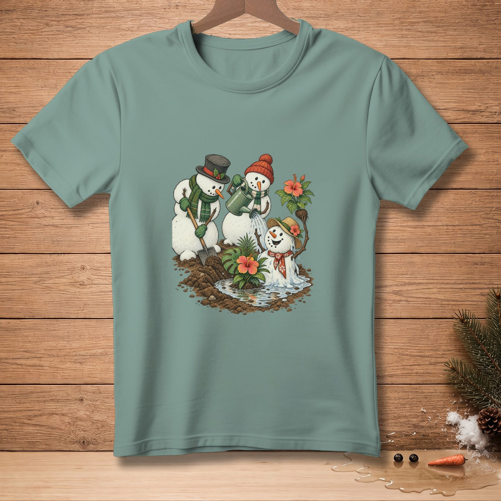 Snowmen with hats and scarves planting flowers and watering them.