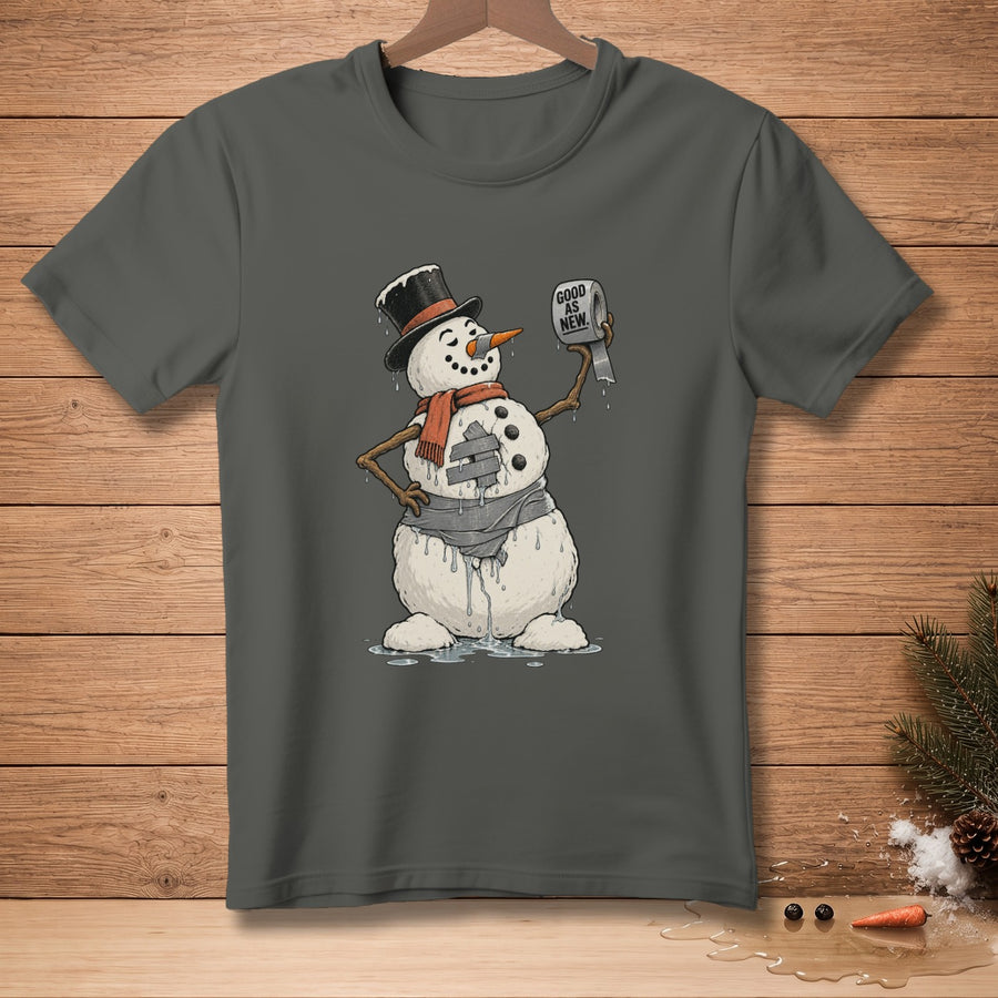 Melting snowman in top hat and scarf holds toilet paper roll with text "GOOD AS NEW."