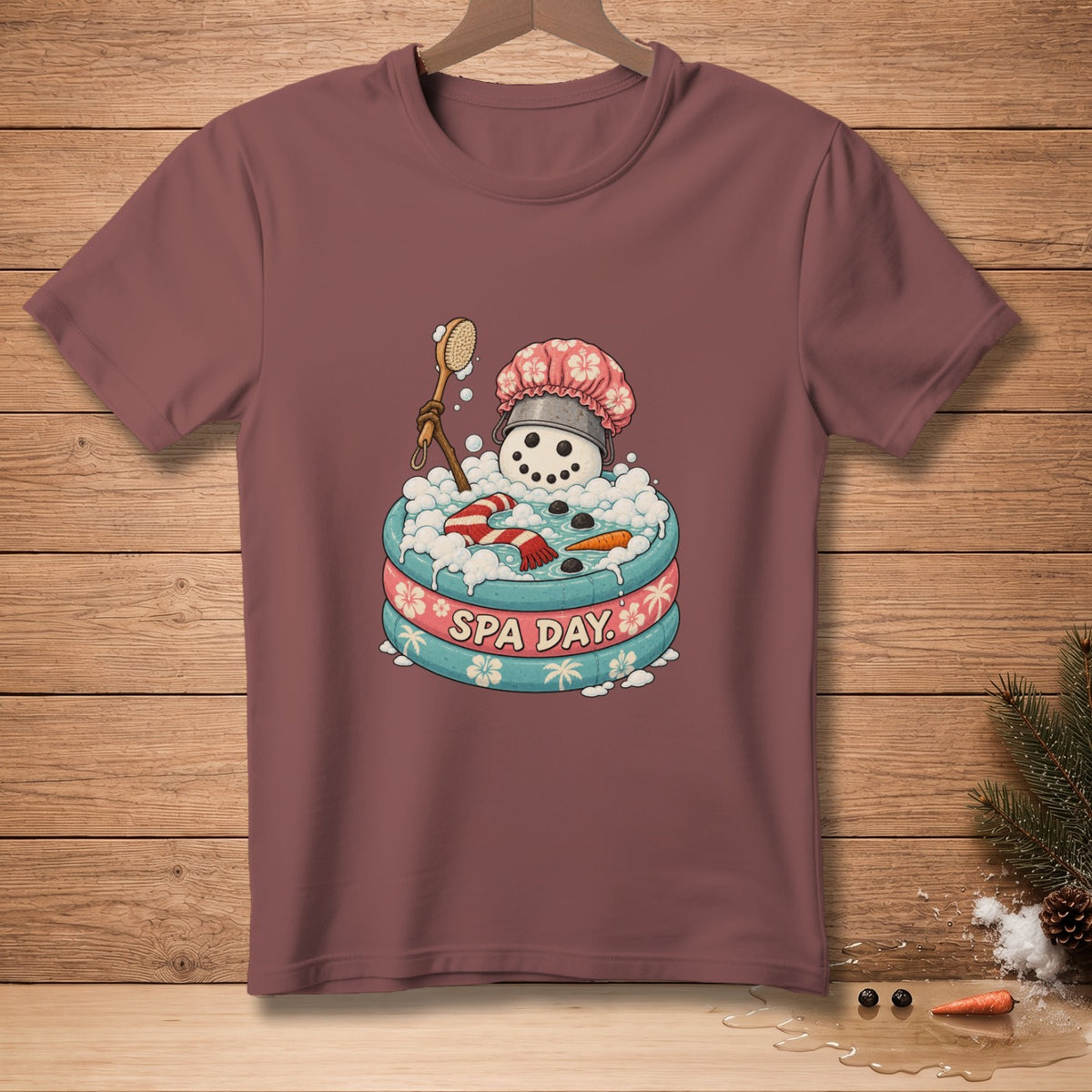 Snowman in a tub with text "SPA DAY," wearing a shower cap and scarf.