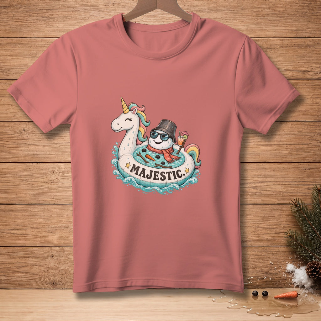 Unicorn float with snowman wearing sunglasses and scarf, text "Majestic".