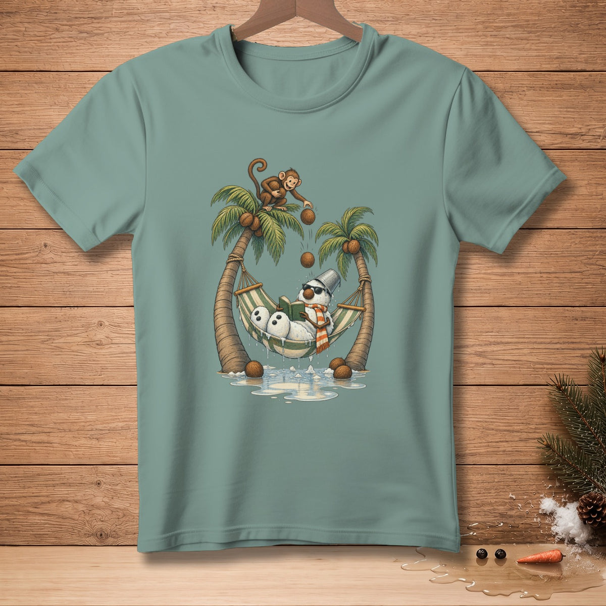 Snowmen relax in a hammock on a tropical beach while a monkey drops coconuts.