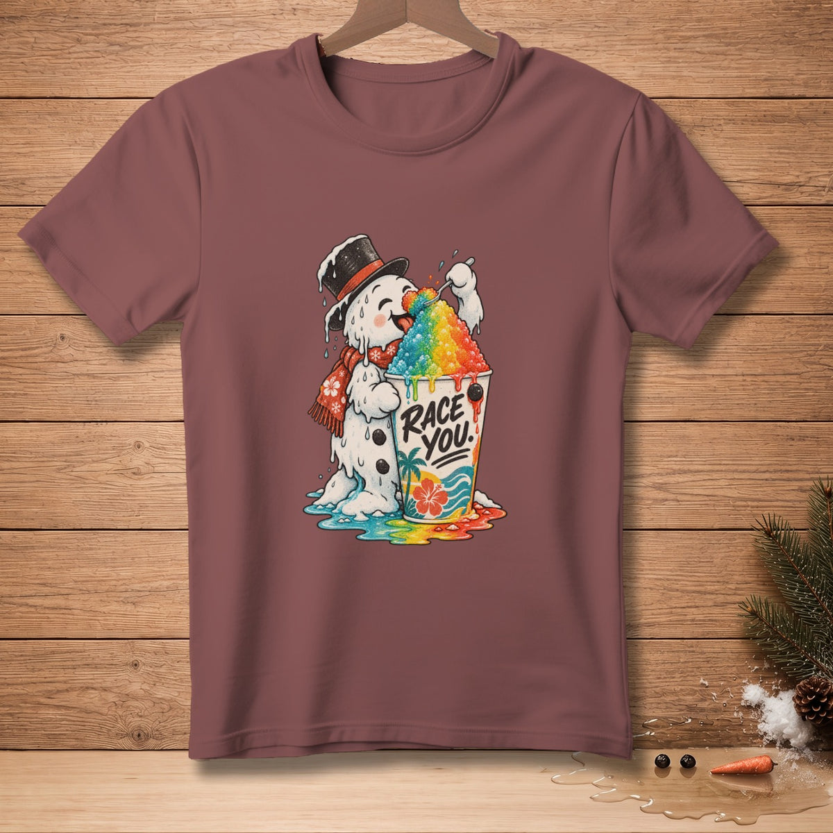 Snowman eating rainbow shaved ice, text reads "RACE YOU."