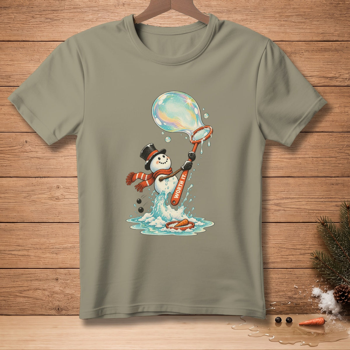Snowman with top hat, scarf, and carrot blowing large iridescent bubble, text "WORTH IT".