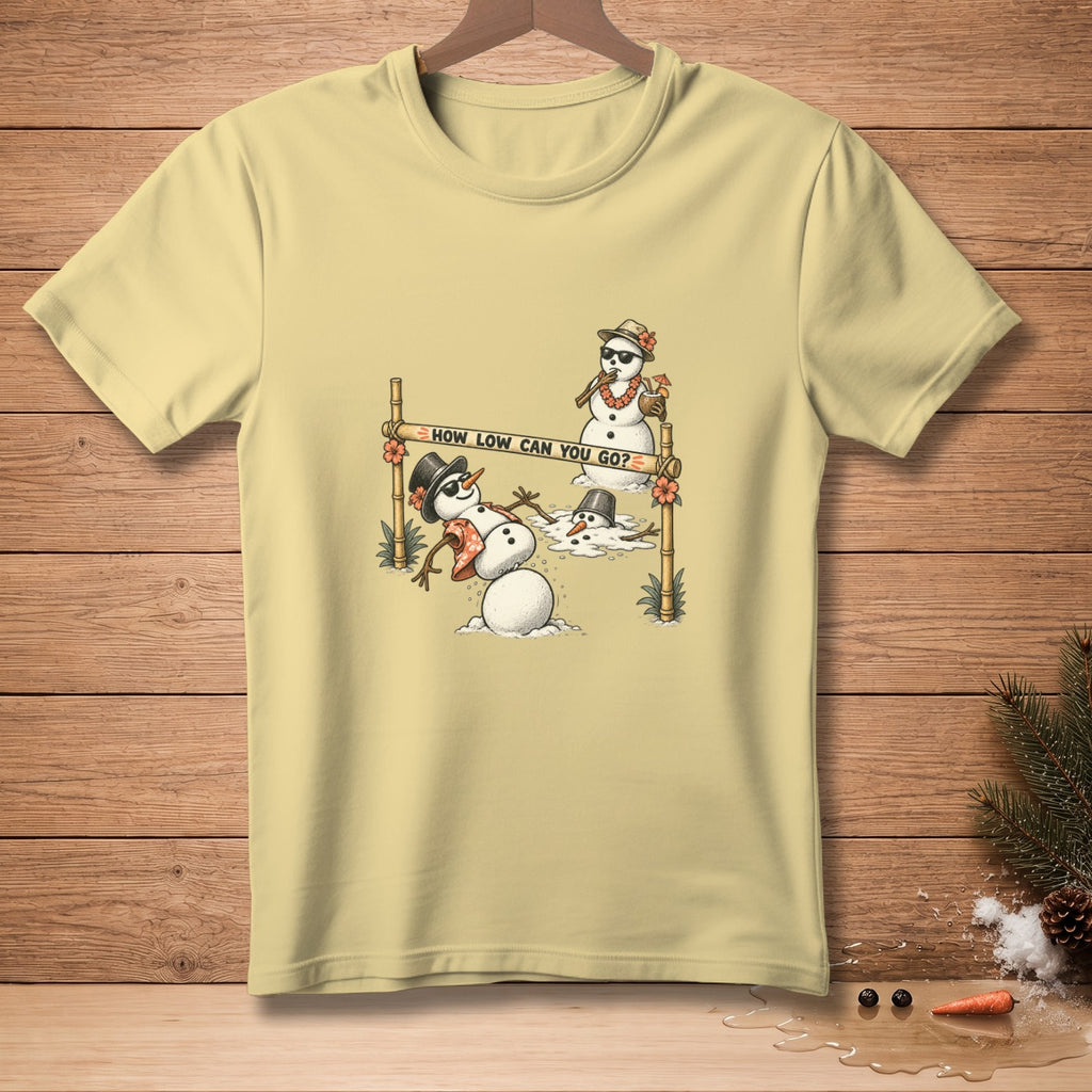 Yellow t-shirt with a melting snowman limbo scene and text "HOW LOW CAN YOU GO?".