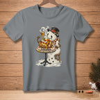 Snowman with a top hat eating a loaded baked potato, text "LOADED."