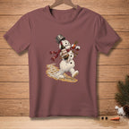 Melting snowman with wine bottle and glasses, wearing a scarf and bucket hat.