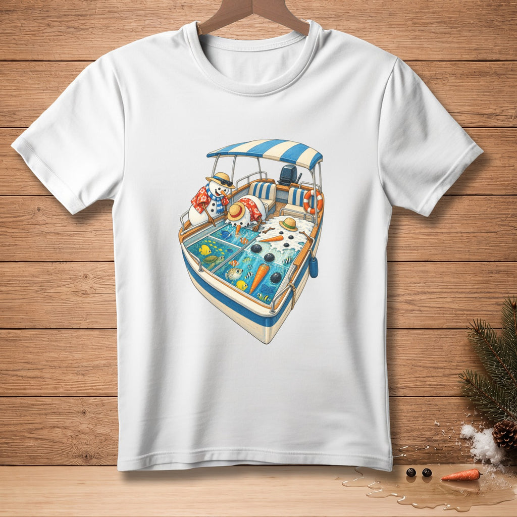 Two snowmen on a boat with fish and carrots in the water.